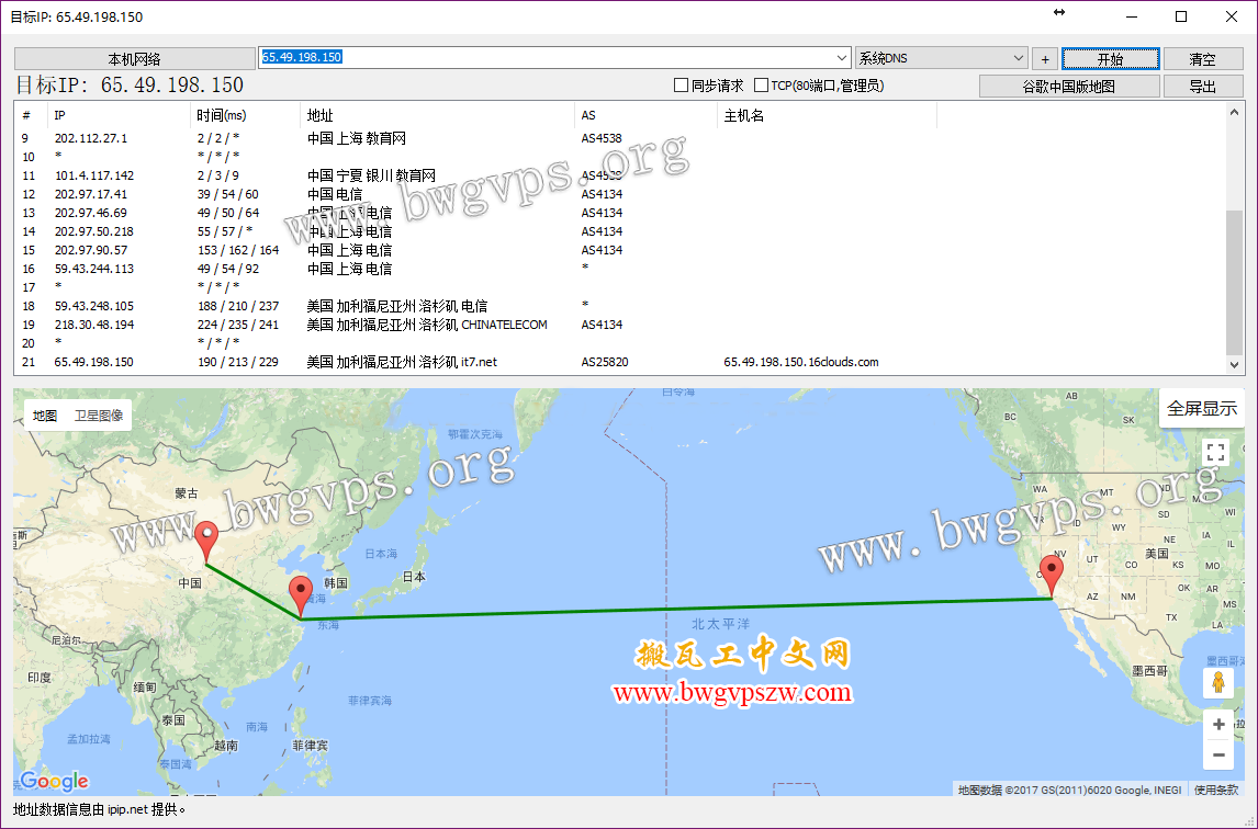 利用BestTrace路由追踪查看BandwagonHost搬瓦工VPS的去程和回程